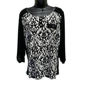 Elie McCarthy Black/Cream Paisley 3/4 Sleeve Faux Buttons Scoop Neck Size L